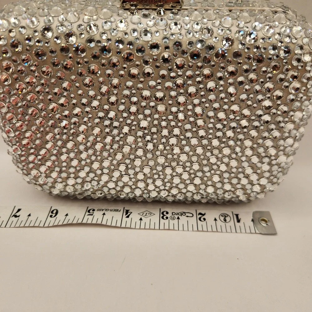 New Olga berg Casey Hot Fix Crystal Encrusted Clutch Purse Silver Evening Fancy